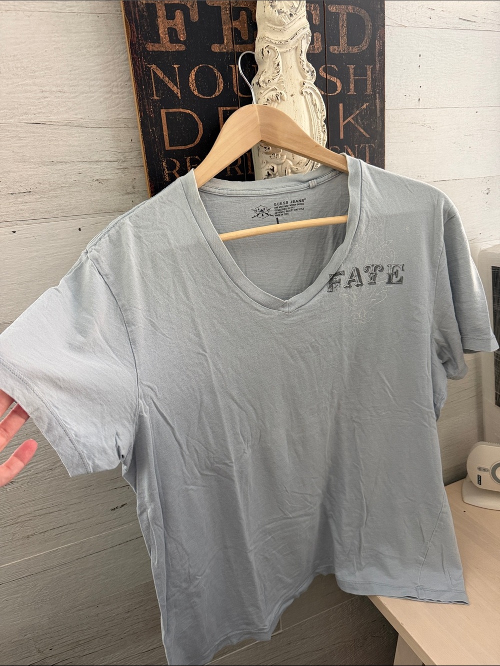 Guess Vintage Pale Blue V-Neck Short Sleeve Tee with 'FATE' Chest Graphic